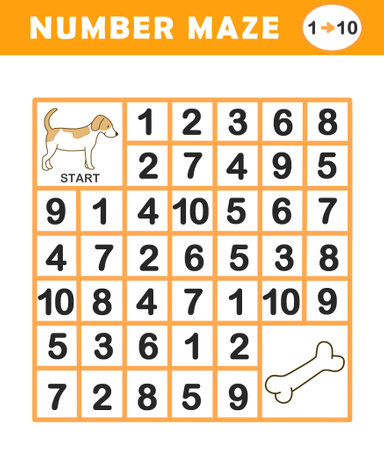 Number maze game for children with cute dog illustration. Help the hedgehog find acorns. Worksheet for kids and children. Counting from one to ten.の写真素材