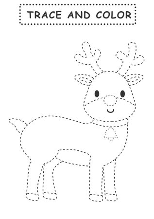 Trace and color Christmas deer. Educational game for kids. Trace and color for children. Handwriting practice. Coloring page for kids. Christmas activity sheet.の写真素材