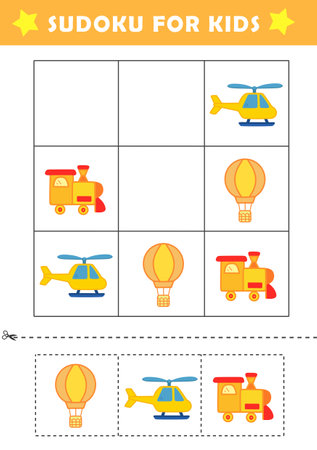 Sudoku logical reasoning activity for kids. Fun sudoku puzzle with cute illustration. Children educational activity worksheet. Sudoku game for children.の写真素材