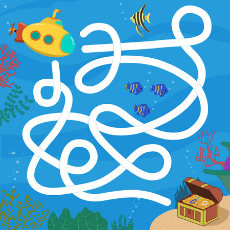 Maze game for kids. Help the submarine find the treasure. Cute maze for kids. Kids labyrinth puzzle. Maze puzzle game for children with cute cartoon.の写真素材