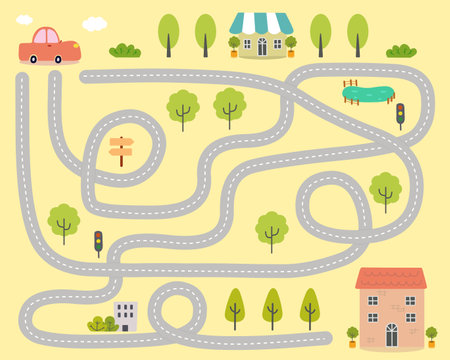 Maze puzzle game for children with cute car, houses and trees. Kids labyrinth puzzle. Maze activity sheet for children.の写真素材