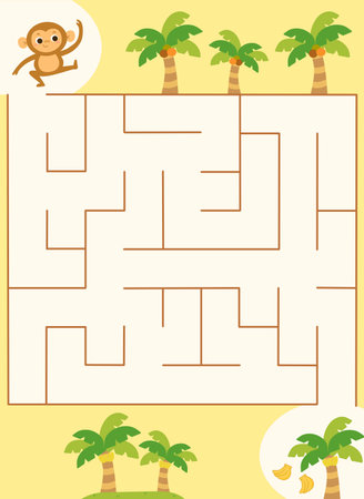 Maze activity sheet for children. Cute maze for kids. Kids labyrinth puzzle. Maze puzzle game for children with cute monkey cartoon.の写真素材