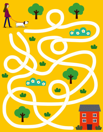 Maze puzzle game for children with cute dog. Kids labyrinth puzzle. Maze activity sheet for children. Help the dog find his home.の写真素材