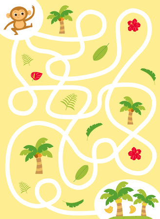 Maze game for kids with a monkey and palm trees. Maze activity sheet for children. Cute maze for kids. Kids labyrinth puzzle. Maze puzzle game for children.の写真素材