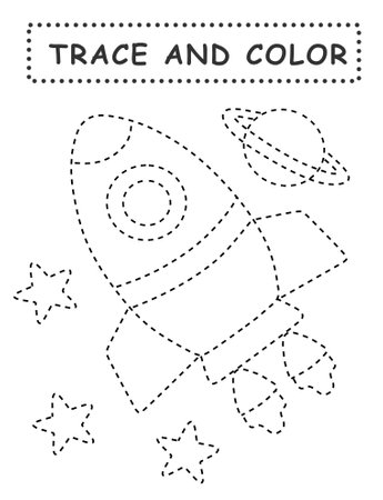 Trace and color for children. Handwriting practice. Coloring page for kids. Preschool worksheet with cute rocket illustration.の写真素材