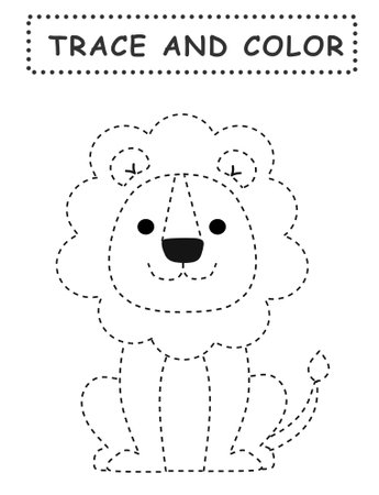 Trace and color for children. Handwriting practice. Coloring page for kids. Preschool worksheet with cute lion illustration.の写真素材