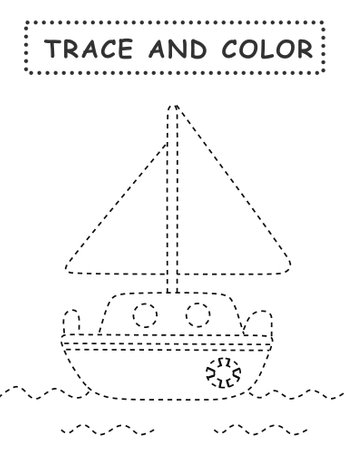 Trace and color for children. Handwriting practice. Coloring page for kids. Preschool worksheet with cute yacht illustration.の写真素材