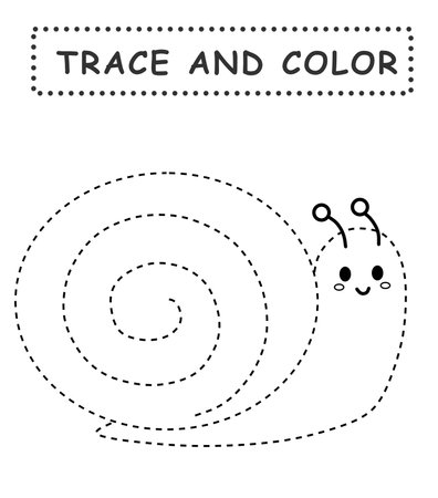 Educational game for children. Trace and color for children. Handwriting practice. Coloring page for kids. Preschool worksheet with cute snail illustration.の写真素材