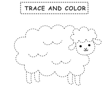 Trace and color for children. Handwriting practice. Coloring page for kids. Preschool worksheet with cute sheep illustration.	 Educational game for kids.の写真素材