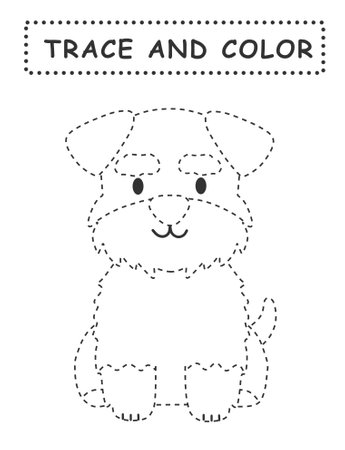 Tracing lines.  Cute cartoon dog. Trace and color for children. Handwriting practice. Coloring page for kids. Preschool worksheet with cute dog illustration.の写真素材