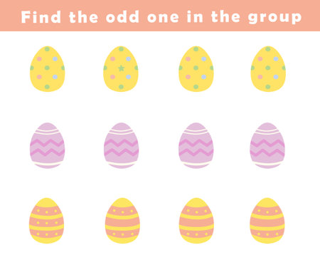 Find the odd one out for toddlers. Spot the difference for kids. Educational quiz worksheet with cute easter eggs illustration. Logical activity for children.の写真素材