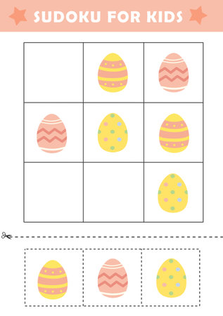 Sudoku logical reasoning activity for kids. Fun sudoku puzzle with cute easter eggs illustration. Children educational activity worksheet. Sudoku game for children.の写真素材