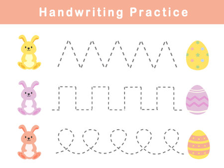 Handwriting practice sheet with cute bunny illustration . Basic writing. Educational game for children. Handwriting practice worksheets for kids.の写真素材