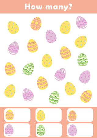 Counting children game cartoon. I spy game for toddlers. Find and count the eggs worksheet. Counting educational activity for children and kids.の写真素材