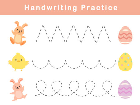 Handwriting practice sheet with cute easter illustration . Basic writing. Educational game for children. Handwriting practice worksheets for kids.の写真素材