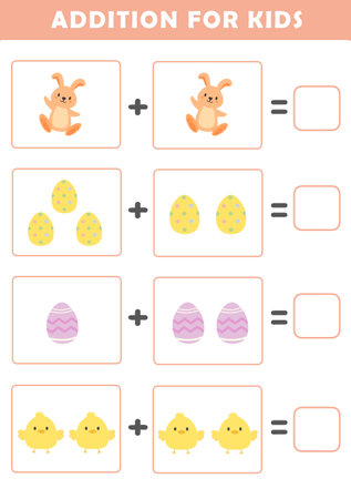 Preschool addition worksheet with cute easter illustration. Math Activities for Kids. Math activities for toddlers to practice early math concepts.の写真素材