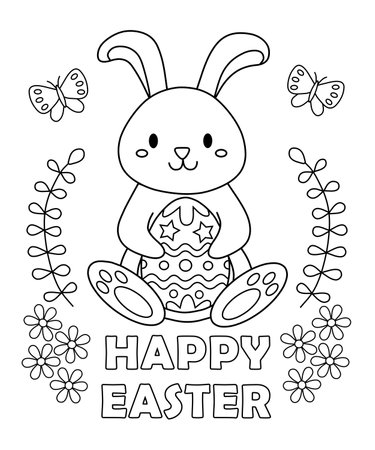 happy easter coloring page for kids. Painting for kindergarten and elementary school children . Children's coloring activity sheet. Cute Illustration to Color.の写真素材