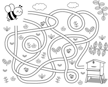 Maze puzzle game for children with cute bee. Help the bee to find hive. Kids labyrinth puzzle. Maze activity sheet for children.の写真素材