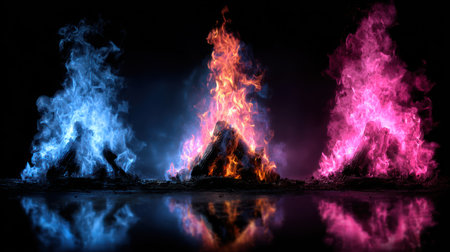 Burning campfire at night with reflection in water. Abstract background.の素材