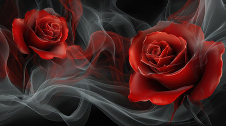 Red roses on a black background with smoke. 3d illustration.の素材