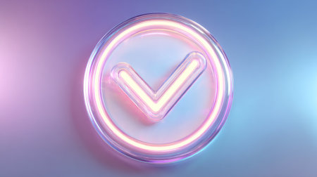 Glowing neon check mark in circle on blue background. 3D renderingの素材