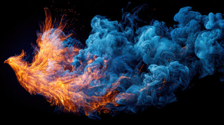 Blue and orange flames of fire on a black background. Background for designの素材