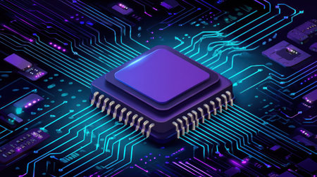 Processor chip on circuit board. Electronic computer hardware technology. 3d renderingの素材