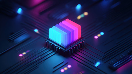 3d rendering of cpu with microcircuits in blue and pinkの素材