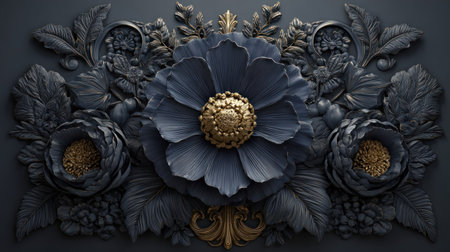 3D render of a black background with a golden ornament and a blue flowerの素材