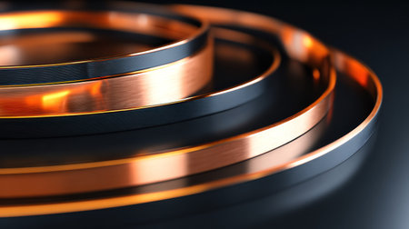 3D illustration of a set of metal rings on a dark backgroundの素材