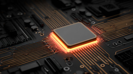 Close-up view of a modern GPU card circuit. 3D renderingの素材