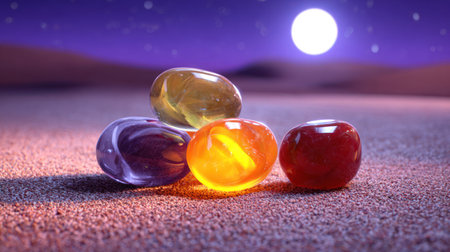 Three colorful glass stones on sand with moon in the background. Selective focus.の素材