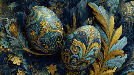 Easter egg with gold ornament on blue background. 3D illustrationの素材