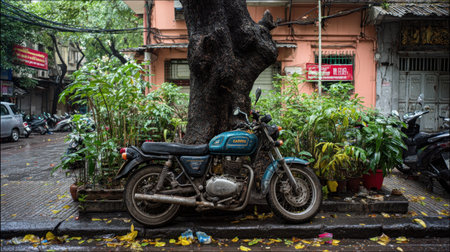 Motorcycle parked on the street in Bangkok, Thailand.の素材
