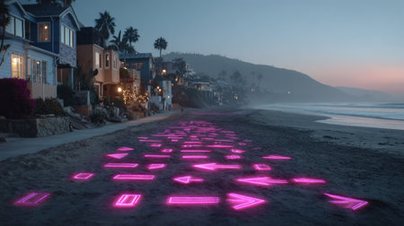Digital composite of Pink neon signs in front of houses on beach at nightの素材