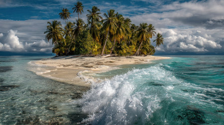 Panoramic view of a small island surrounded by palm trees.の素材