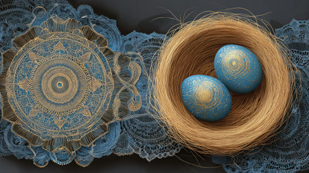 Easter eggs in a nest on lace background. 3d illustrationの素材