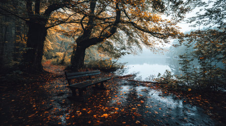 Autumn landscape with lake and bench in foggy forest. Color toningの素材