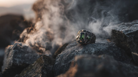 Wedding ring on a stone against the background of smoke.の素材