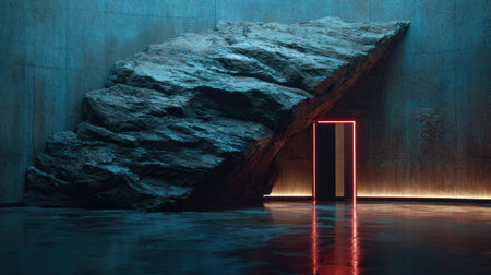 Entrance to a cave with a red door. 3D renderingの素材