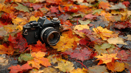 Vintage camera on fallen leaves in autumn park, shallow depth of fieldの素材