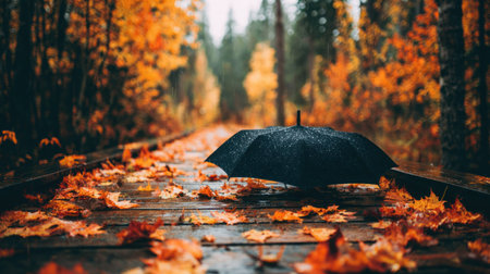 Umbrella on a wooden path in the autumn forest. Autumn conceptの素材