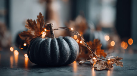 Autumn still life with pumpkins, leaves and garland lightsの素材