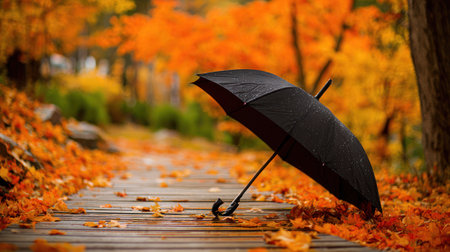 Black umbrella on the path in the autumn park. Autumn concept.の素材