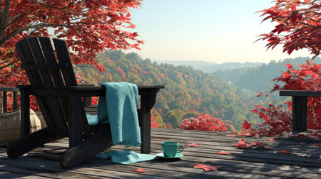Cup of coffee on a wooden terrace in autumn. 3d renderの素材