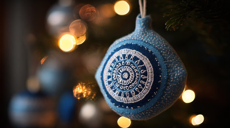 Christmas toy hanging on a Christmas tree with bokeh background.の素材