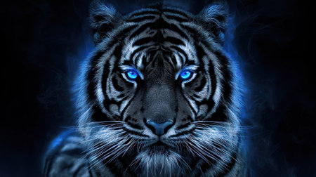 Portrait of a tiger with blue eyes and smoke in the backgroundの素材