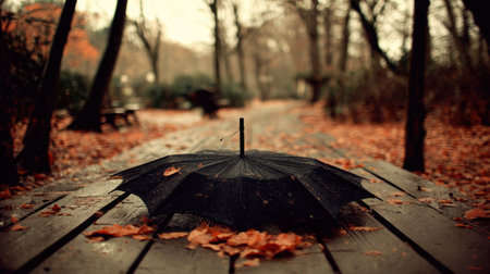 Black umbrella on the wooden floor in autumn park. Vintage style.の素材
