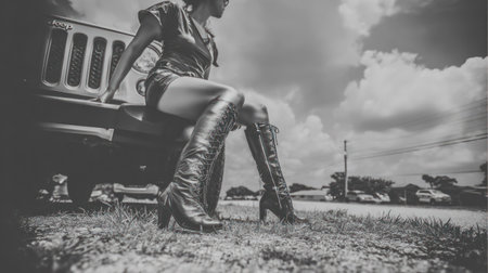 Sexy woman in leather boots sitting on the road. Black and whiteの素材