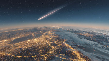 3d illustration of a meteorite approaching the planet Earth at nightの素材